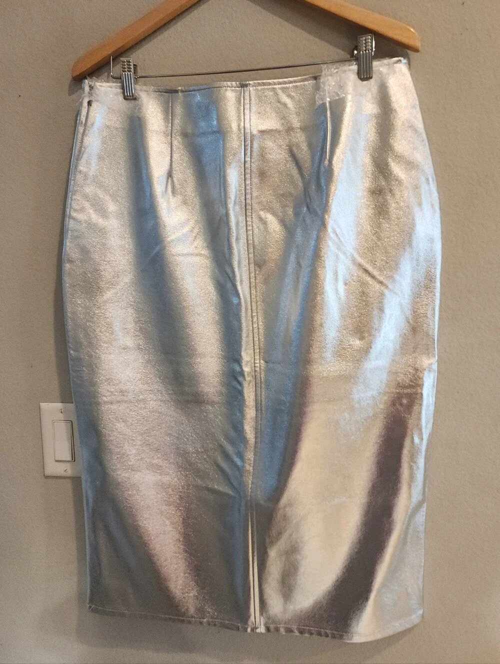 NWT Macy's INC Silver Metallic Faux Leather Front Slit Pencil Midi Skirt Size 12